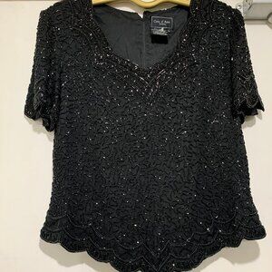 VINTAGE COTE d' AZUR SILK BEADED WAIST LENGTH SHORT SLEEVE BLOUSES SIZE L